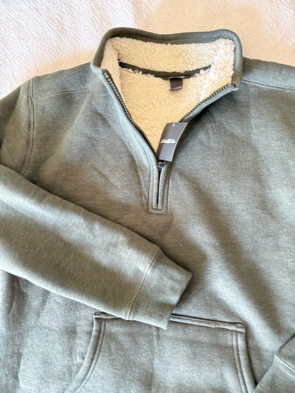 Eddie Bauer Olive Green Sherpa-Lined Quarter Zip Sweater - Picture 2 of 4